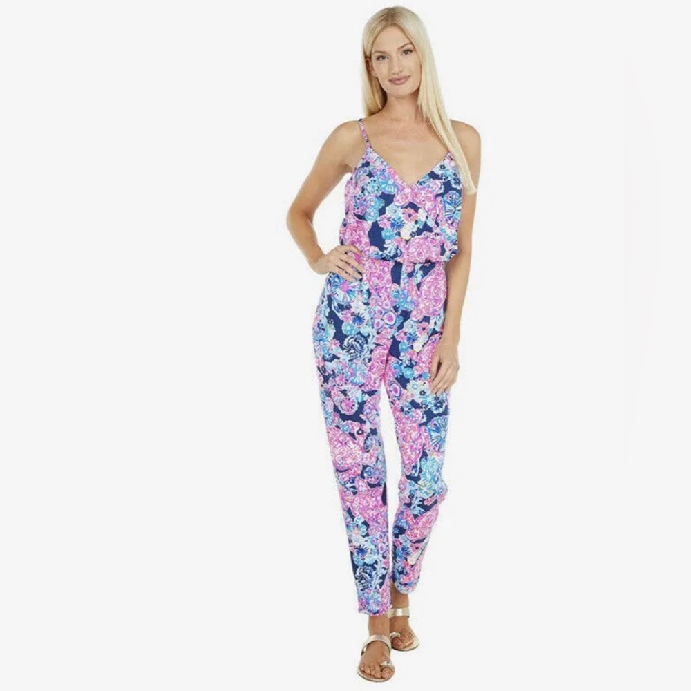 Lilly Pulitzer Dante Jumpsuit - High Tide Navy in Turtle Amazement Blue/Pink NEW - Picture 15 of 16